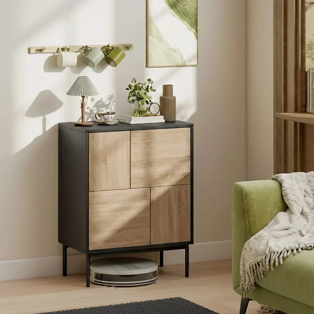 Moderne Kommode mit 4 geschlossenen Fächern – Push-to-Open – Schwarz/Natur