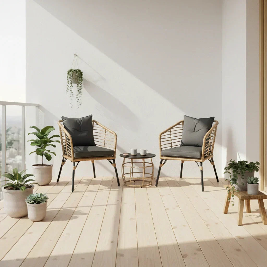 Rattan Sitzgruppe mit Polstern für Balkon und Terrasse – 2 Loungesessel und Tisch
