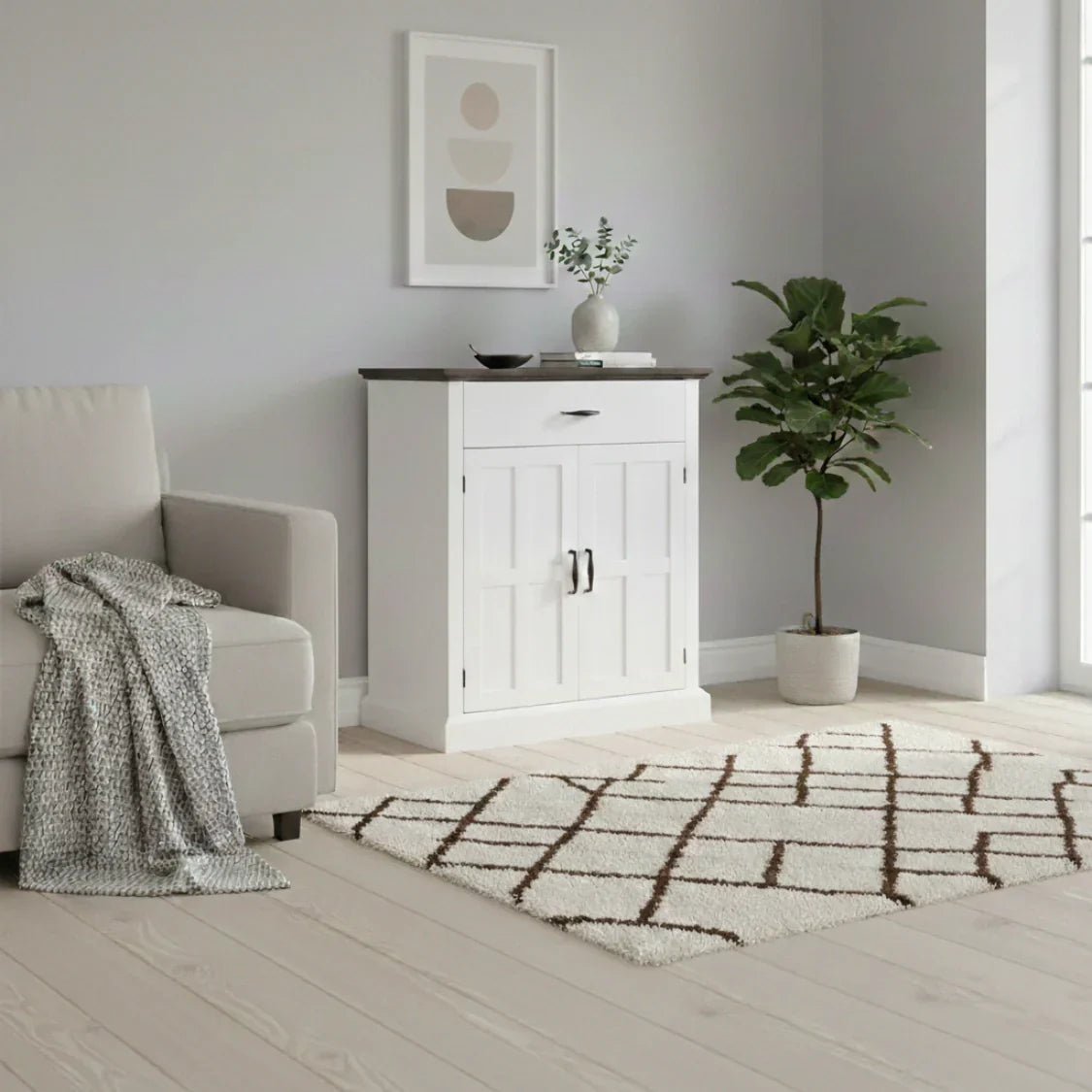 Rustik Kommode mit 2 Türen und 1 Schublade – Weiß & Dunkelbraun – 75,2 × 91,5 cm